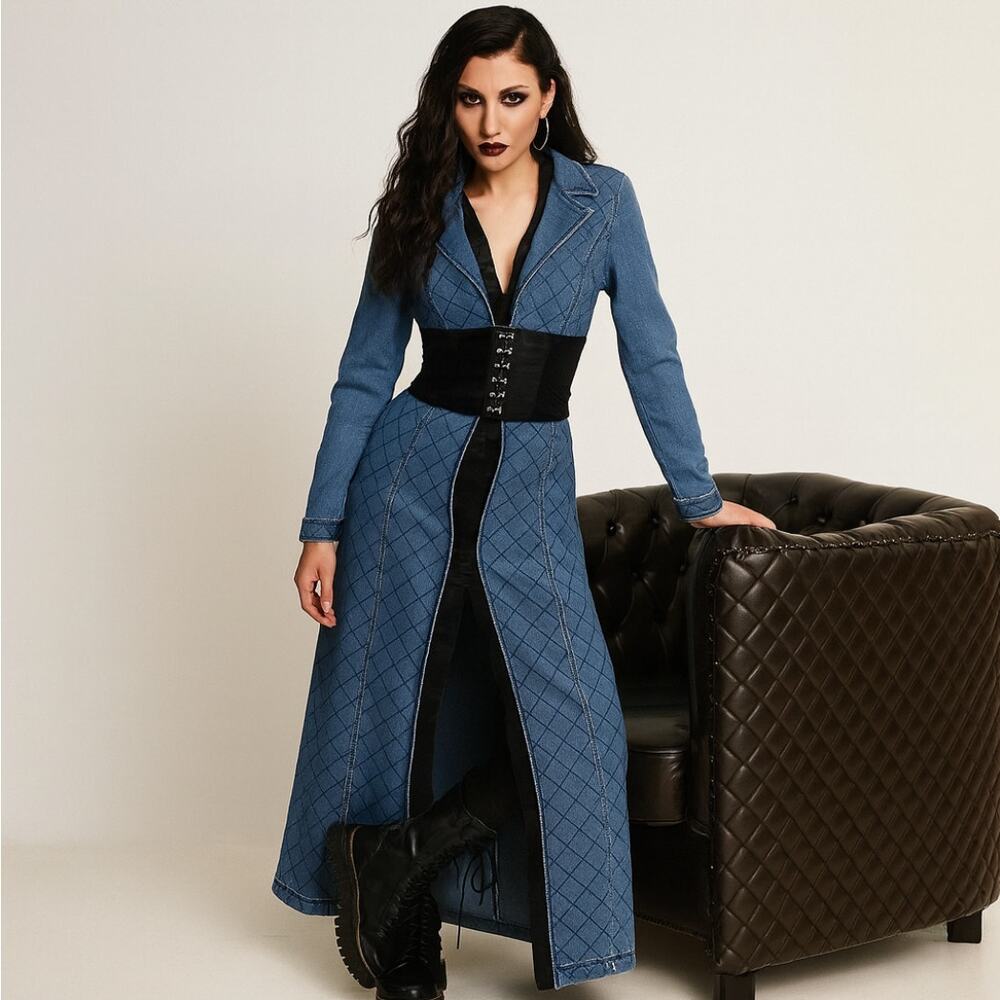 VENUS Faux Leather Corset Quilted Long Denim Trench Coat Blue Black Sz S